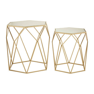 Set of 2 Gold Hexagonal Mirrored Top Side Tables with Gold Metal Frame | Avantis