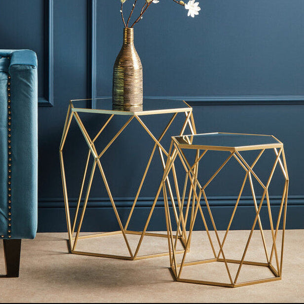 Set of 2 Gold Hexagonal Mirrored Top Side Tables with Gold Metal Frame | Avantis