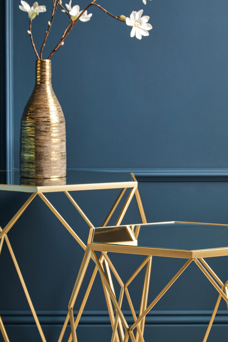 Set of 2 Gold Hexagonal Mirrored Top Side Tables with Gold Metal Frame | Avantis