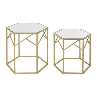 Set of 2 Gold Hexagonal Frame Side Tables with Mirrored Glass Top | Avantis