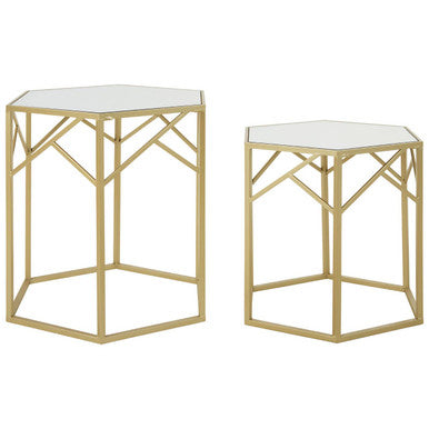 Set of 2 Gold Hexagonal Frame Side Tables with Mirrored Glass Top | Avantis