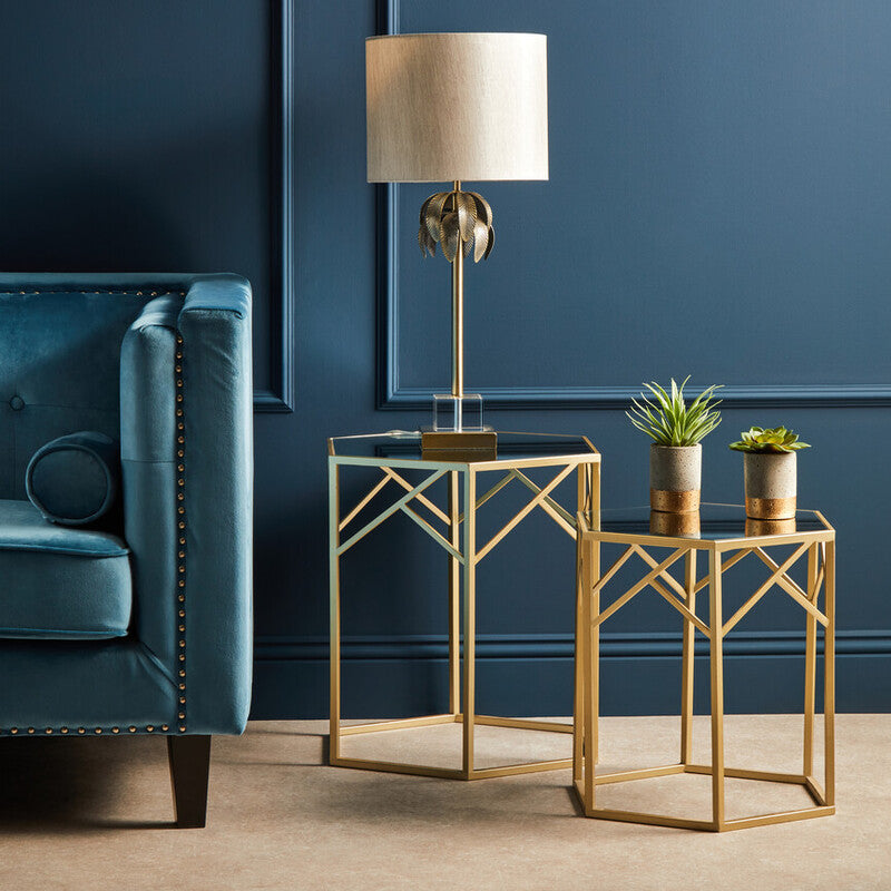 Set of 2 Gold Hexagonal Frame Side Tables with Mirrored Glass Top | Avantis