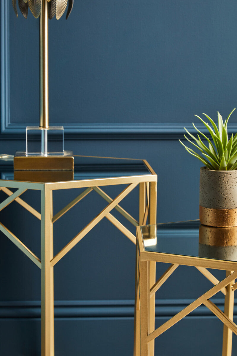 Set of 2 Gold Hexagonal Frame Side Tables with Mirrored Glass Top | Avantis