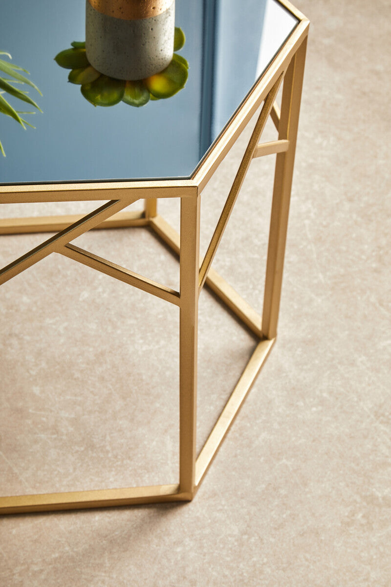 Set of 2 Gold Hexagonal Frame Side Tables with Mirrored Glass Top | Avantis