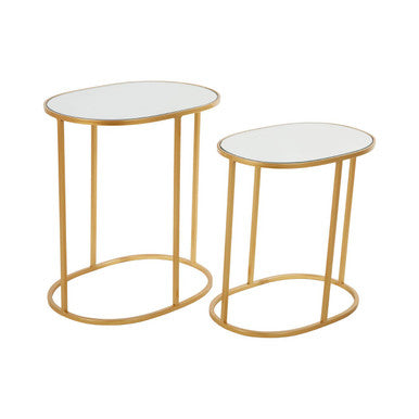 Set of 2 Mirrored Glass Oval Top Side Tables with Gold Finish Metal Frame | Avantis