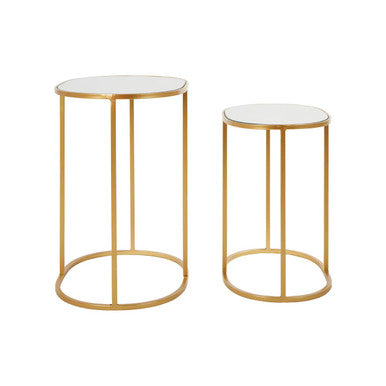 Set of 2 Mirrored Glass Oval Top Side Tables with Gold Finish Metal Frame | Avantis