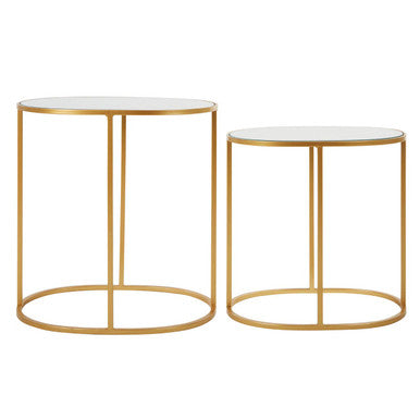 Set of 2 Mirrored Glass Oval Top Side Tables with Gold Finish Metal Frame | Avantis