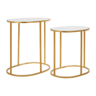 Set of 2 Mirrored Glass Oval Top Side Tables with Gold Finish Metal Frame | Avantis