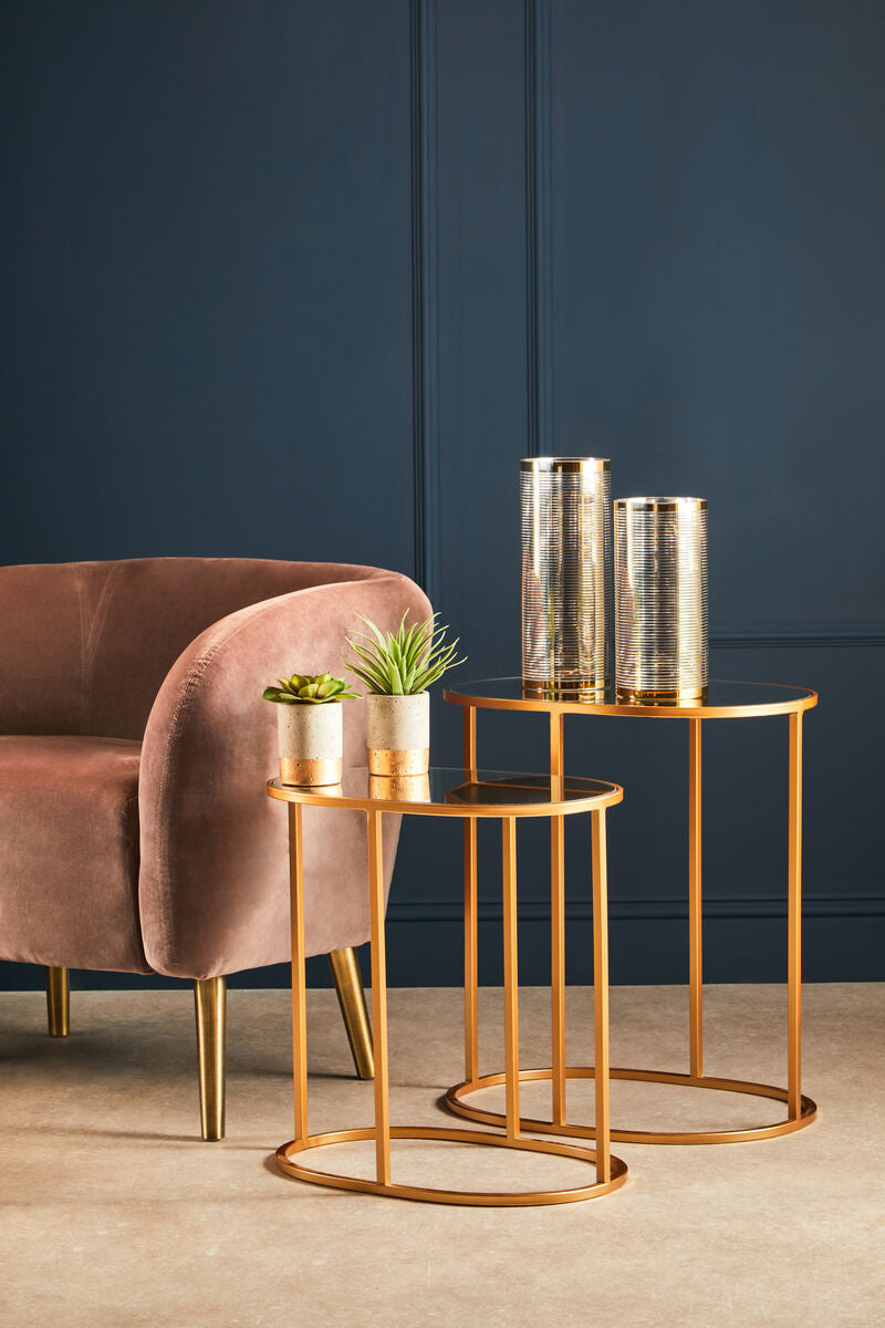Set of 2 Mirrored Glass Oval Top Side Tables with Gold Finish Metal Frame | Avantis