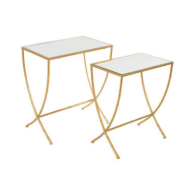 Set of 2 Mirrored Glass Top Rectangular Side Tables with Gold Metal Frame | Avantis