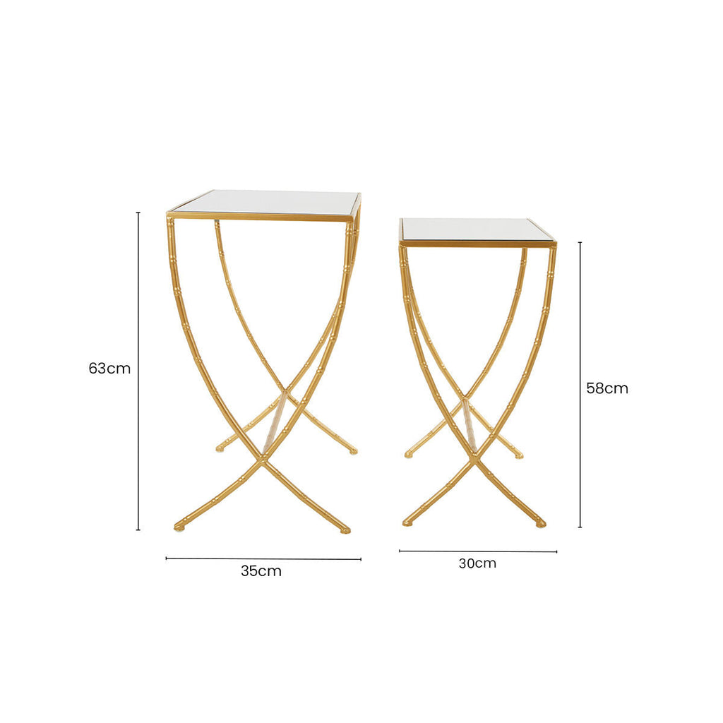 Set of 2 Mirrored Glass Top Rectangular Side Tables with Gold Metal Frame | Avantis