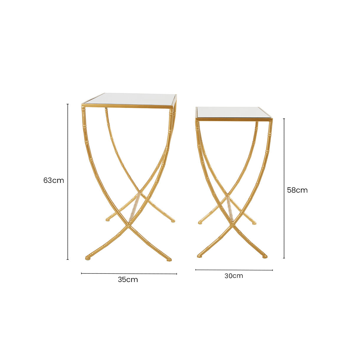Set of 2 Mirrored Glass Top Rectangular Side Tables with Gold Metal Frame | Avantis