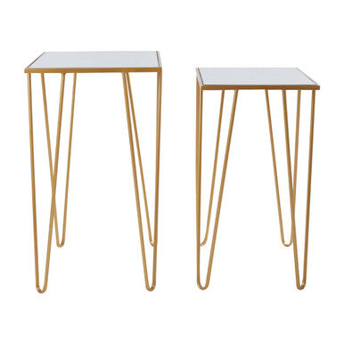 Set of 2 Mirrored Glass Top Rectangular Side Tables with Gold Metal Hairpin Legs | Avantis