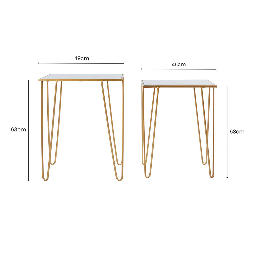 Set of 2 Mirrored Glass Top Rectangular Side Tables with Gold Metal Hairpin Legs | Avantis