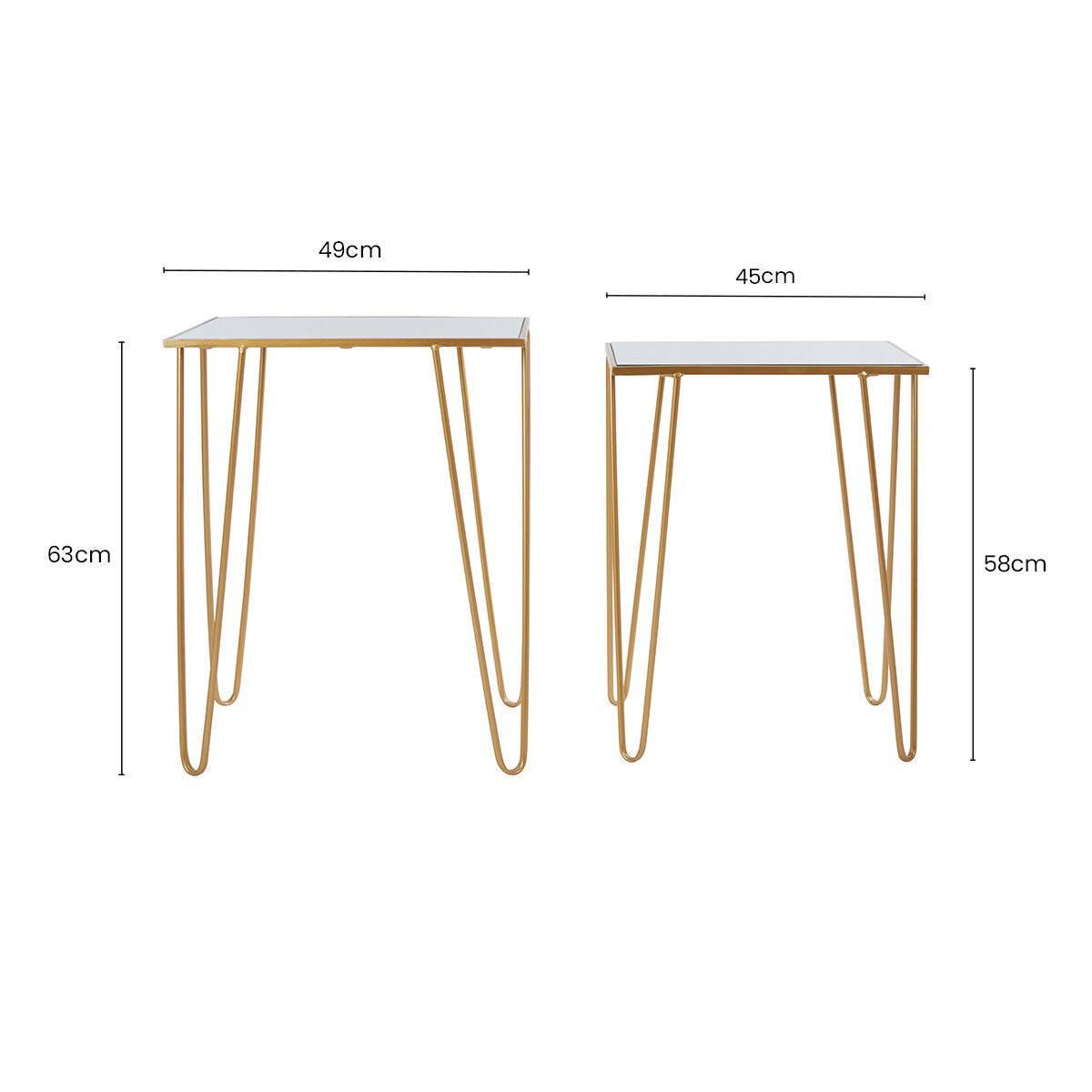 Set of 2 Mirrored Glass Top Rectangular Side Tables with Gold Metal Hairpin Legs | Avantis