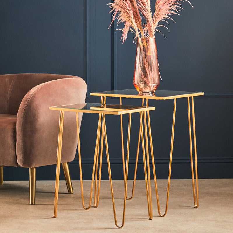 Set of 2 Mirrored Glass Top Rectangular Side Tables with Gold Metal Hairpin Legs | Avantis