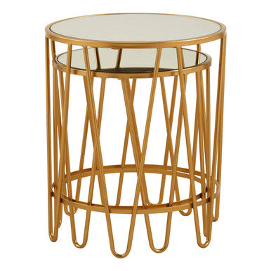 Set of 2 Mirrored Glass Top Side Tables with Gold Hairpin Legs Rounded Design | Avantis