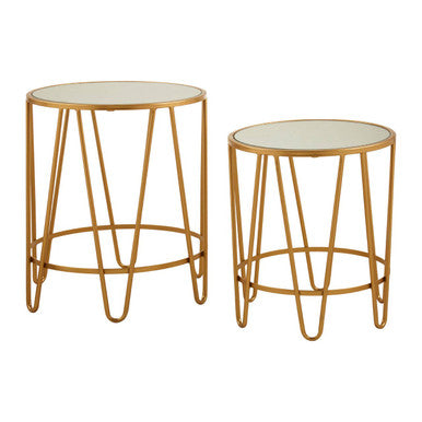 Set of 2 Mirrored Glass Top Side Tables with Gold Hairpin Legs Rounded Design | Avantis