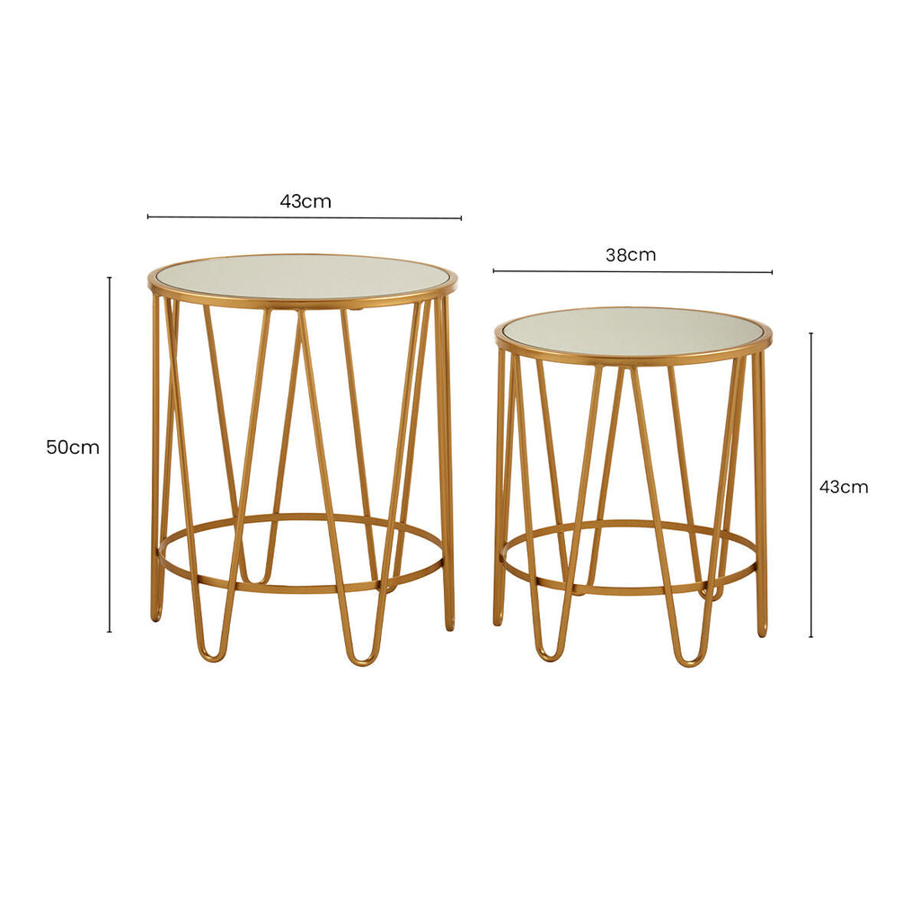 Set of 2 Mirrored Glass Top Side Tables with Gold Hairpin Legs Rounded Design | Avantis