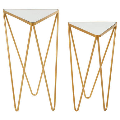 Set of 2 Mirrored Glass Triangle Top Side Tables with Gold Hairpin Legs | Avantis
