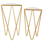 Set of 2 Mirrored Glass Triangle Top Side Tables with Gold Hairpin Legs | Avantis