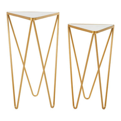 Set of 2 Mirrored Glass Triangle Top Side Tables with Gold Hairpin Legs | Avantis