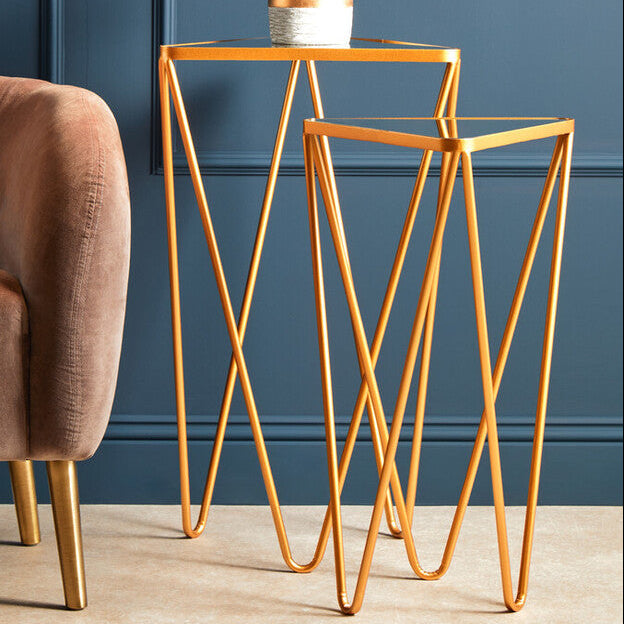 Set of 2 Mirrored Glass Triangle Top Side Tables with Gold Hairpin Legs | Avantis
