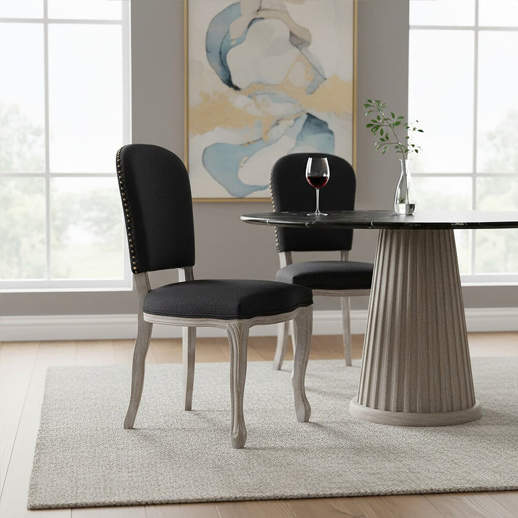 Kensington Townhouse Black Linen Dining Chair with Antique wood legs
