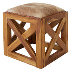 Hair on Leather and Teak Wood Square Stool | Kendari