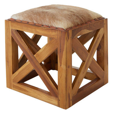 Hair on Leather and Teak Wood Square Stool | Kendari