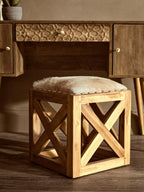 Hair on Leather and Teak Wood Square Stool | Kendari