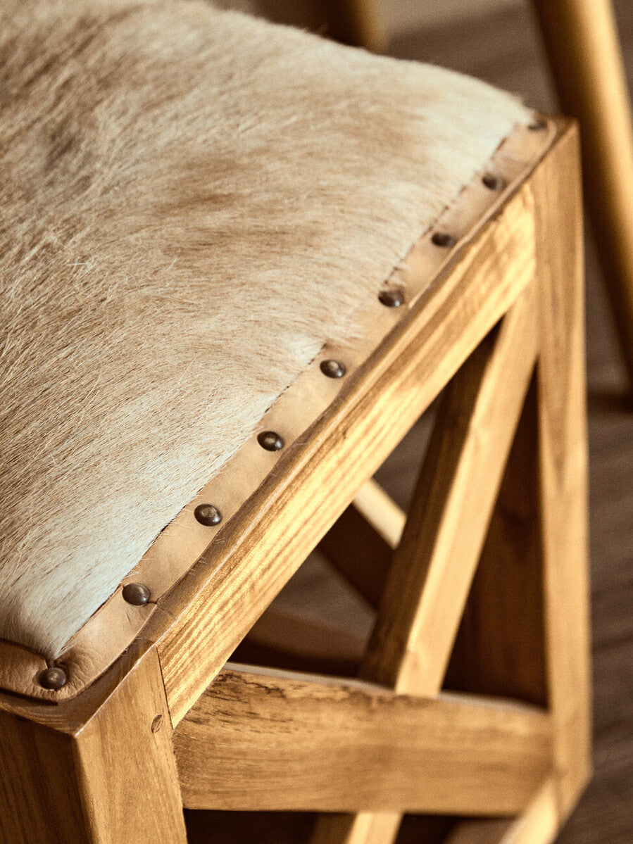 Hair on Leather and Teak Wood Square Stool | Kendari