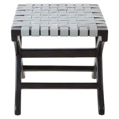 Woven Grey Leather and Black Teak Stool | Kendari