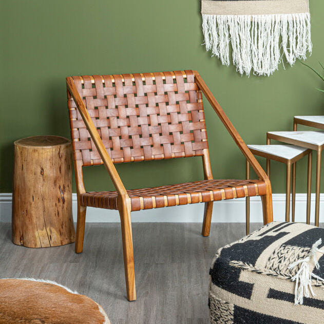 Tan Woven Leather and Teak Chair | Kendari