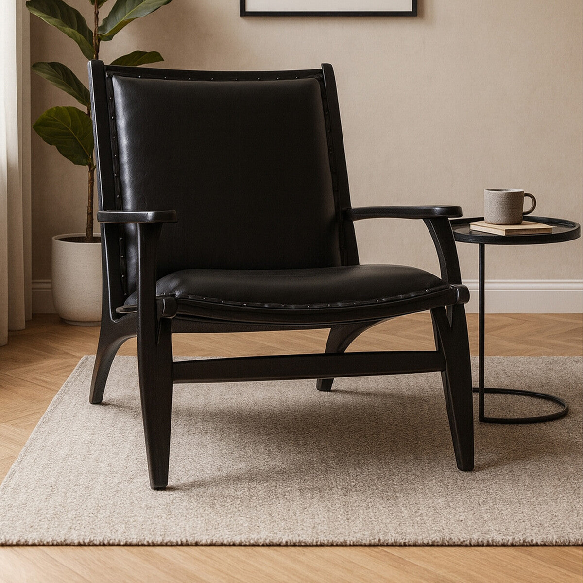 Black Leather and Teak Wood Chair with Stud Detail | Kendari