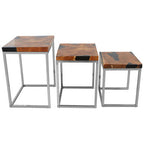 Set of 3 Black and Natural Teak Wood Nesting Tables with Silver Metal Frame | Surak