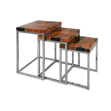Set of 3 Black and Natural Teak Wood Nesting Tables with Silver Metal Frame, Surak