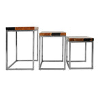 Set of 3 Black and Natural Teak Wood Nesting Tables with Silver Metal Frame | Surak