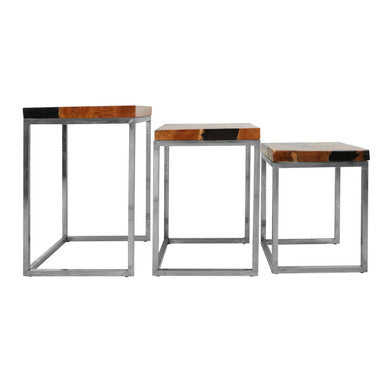 Set of 3 Black and Natural Teak Wood Nesting Tables with Silver Metal Frame, Surak