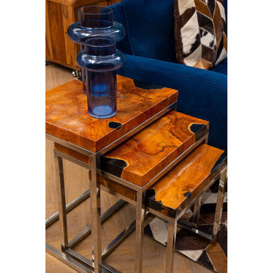 Set of 3 Black and Natural Teak Wood Nesting Tables with Silver Metal Frame | Surak