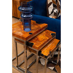 Set of 3 Black and Natural Teak Wood Nesting Tables with Silver Metal Frame | Surak