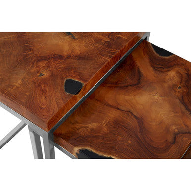 Set of 3 Black and Natural Teak Wood Nesting Tables with Silver Metal Frame | Surak