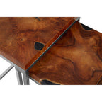 Set of 3 Black and Natural Teak Wood Nesting Tables with Silver Metal Frame | Surak