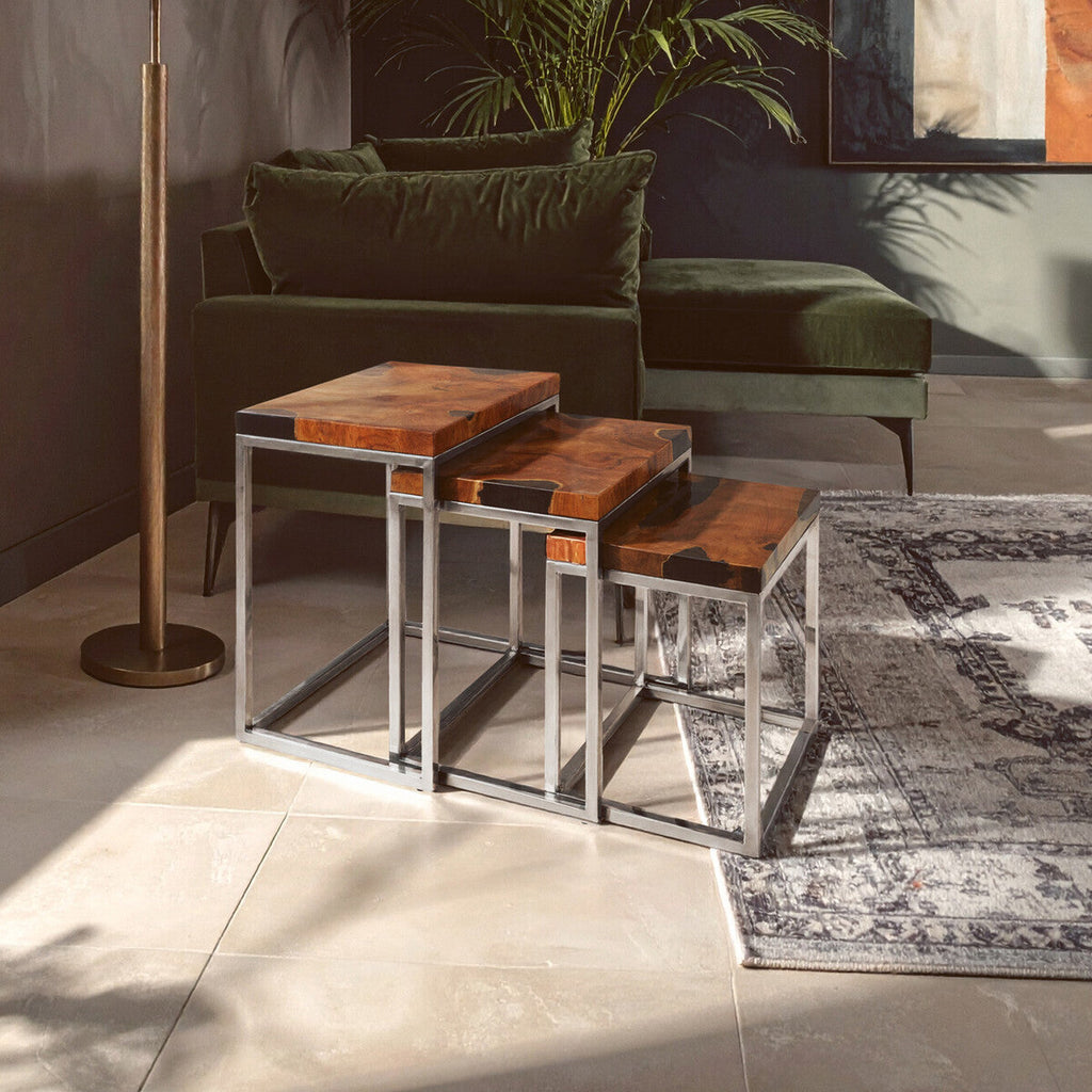 Set of 3 Black and Natural Teak Wood Nesting Tables with Silver Metal Frame | Surak