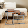 Set of 3 Black and Natural Teak Wood Nesting Tables with Silver Metal Frame | Surak
