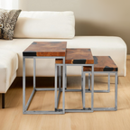 Set of 3 Black and Natural Teak Wood Nesting Tables with Silver Metal Frame | Surak