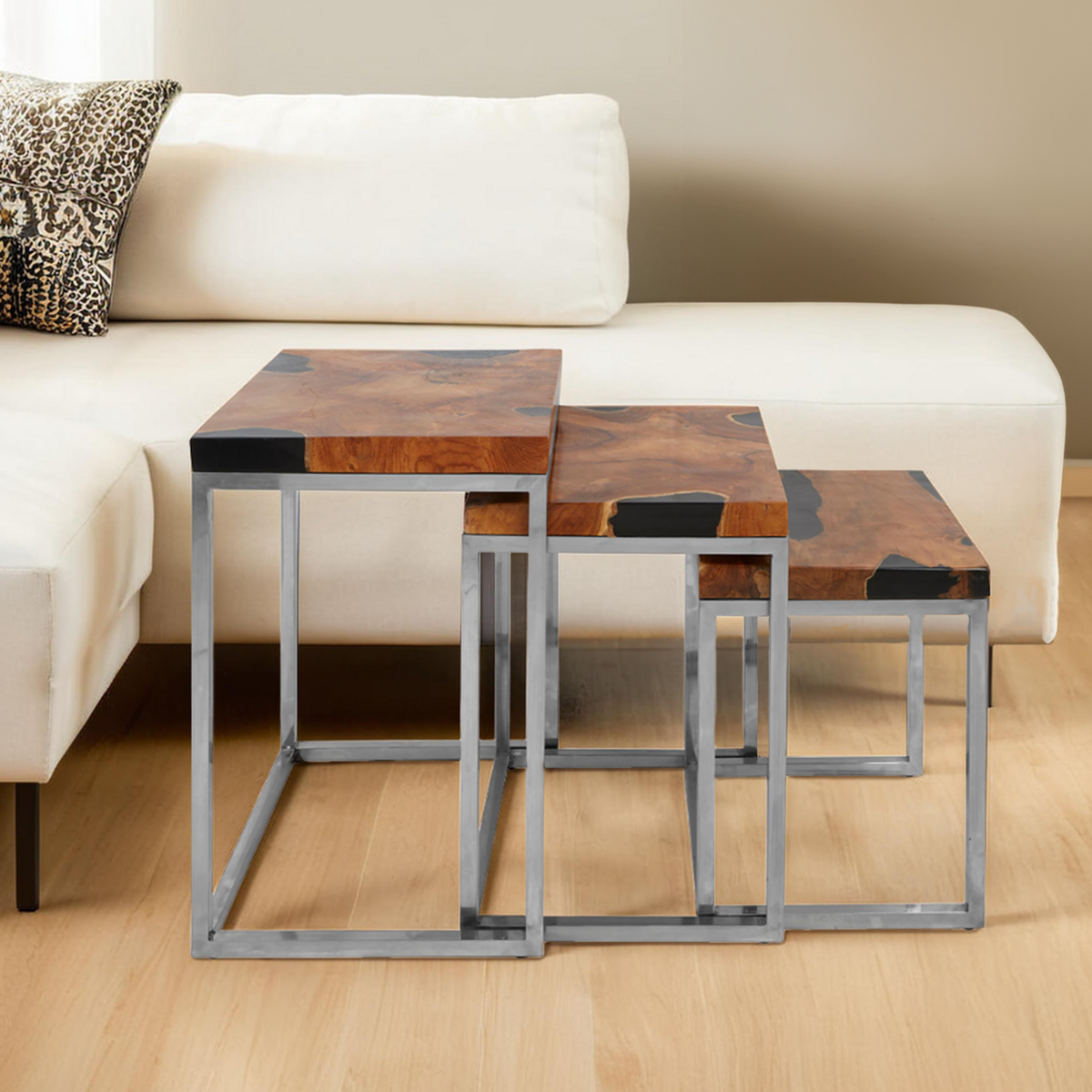Set of 3 Black and Natural Teak Wood Nesting Tables with Silver Metal Frame, Surak