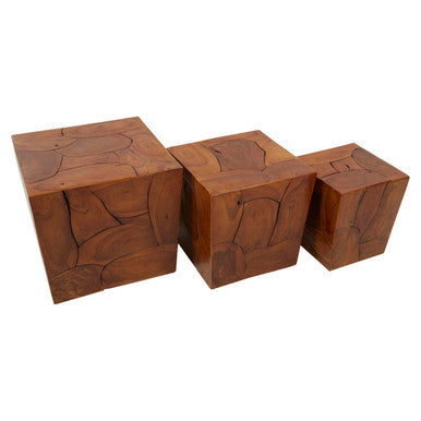 Set of 3 Brown Solid Teak Wood Side Tables and Stools | Surak