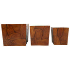 Set of 3 Brown Solid Teak Wood Side Tables and Stools | Surak