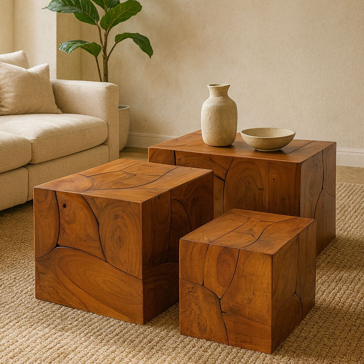 Set of 3 Brown Solid Teak Wood Side Tables and Stools | Surak